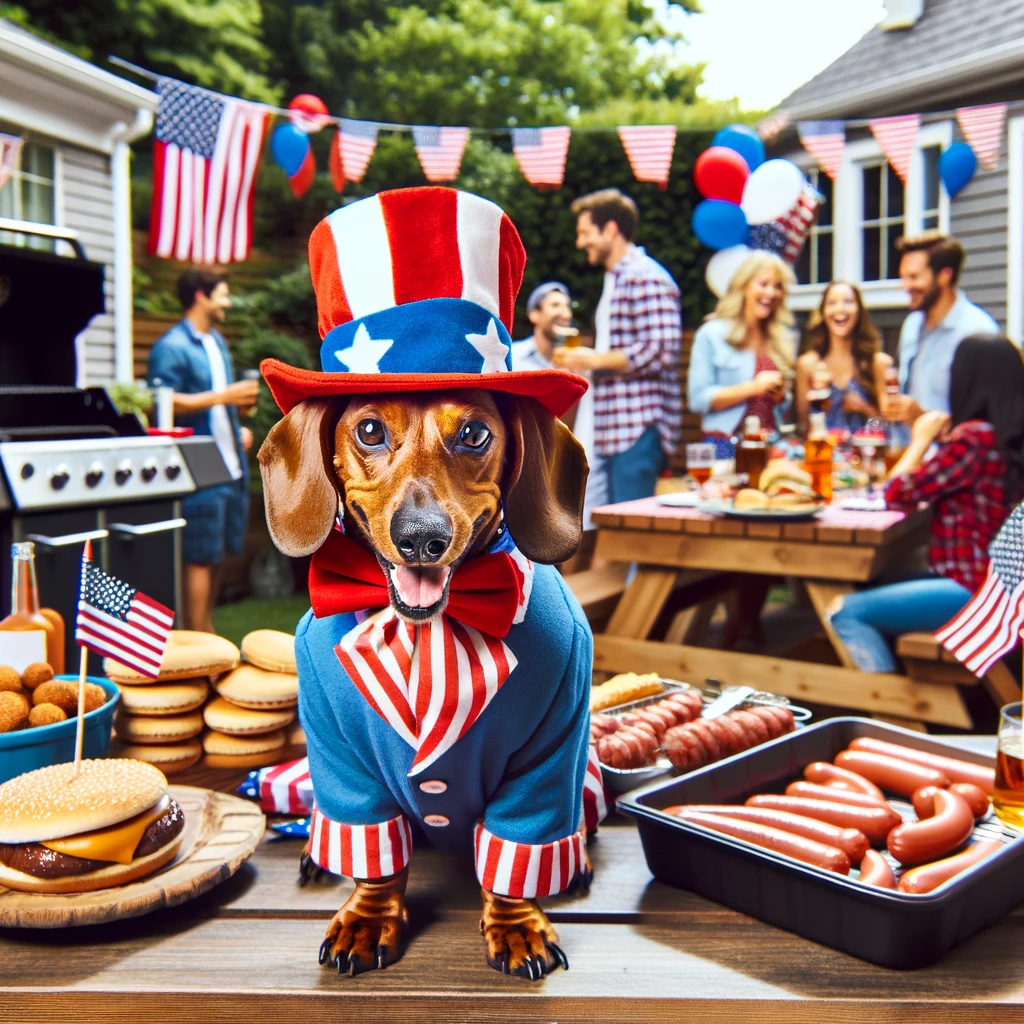 DALL·E 2023-12-13 22.18.28 - A handsome reddish-brown dachshund named Mark dressed in an Uncle Sam costume at a backyard BBQ for a Fourth of July celebration. Mark is wearing a pa.png